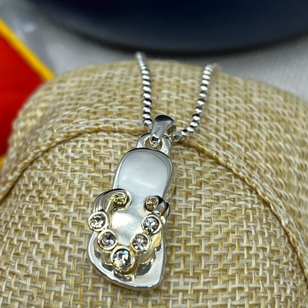 Vintage Sterling Silver Flip-Flop CZ Necklace | Italy 925 | 16” Chain - Picture 6 of 17